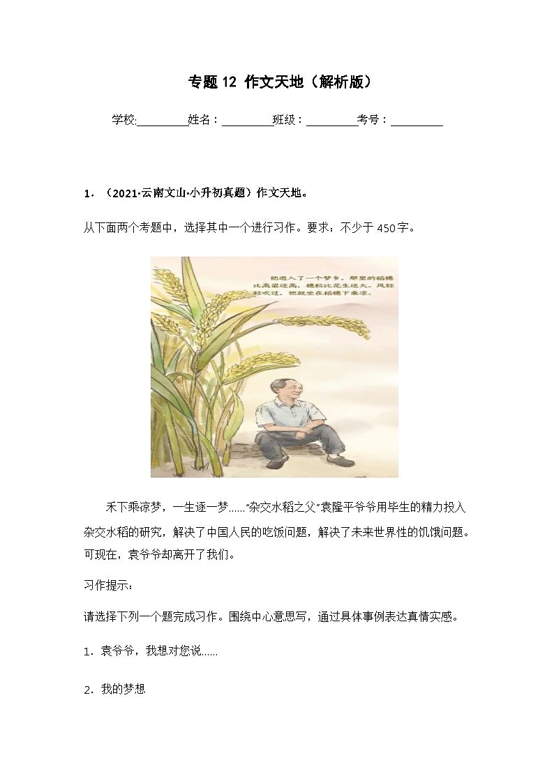 专题12 作文天地——【云南地区】2021+2022年小升初语文真题专项汇编（原卷版+解析版）01