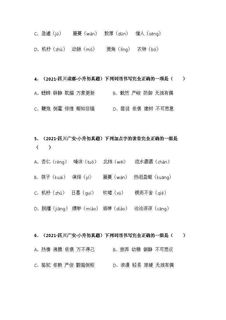 专题01 字音、字形辨析——【四川地区】2021+2022年小升初语文真题专项汇编（原卷版+解析版）02