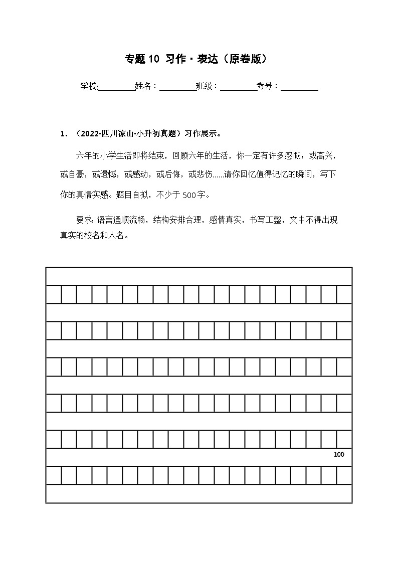 专题10 习作·表达（原卷版）第1页