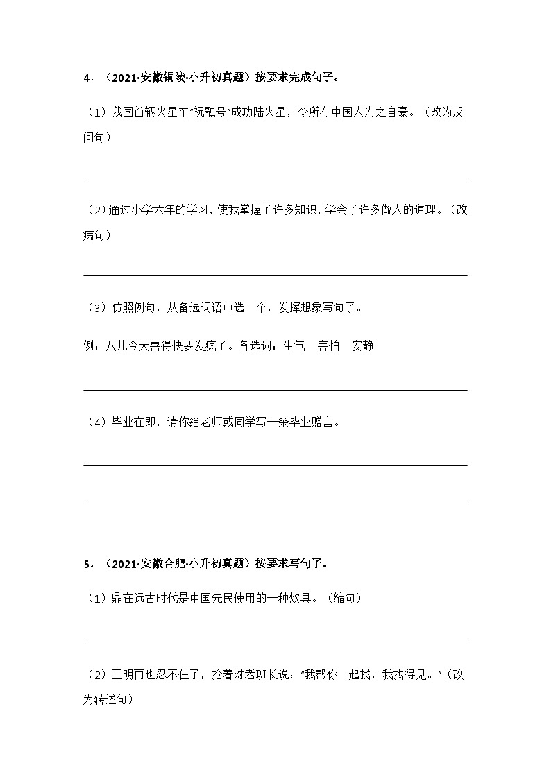 专题04 按要求完成句子练习——【安徽地区】2021+2022年小升初语文真题专项汇编（原卷版+解析版）03