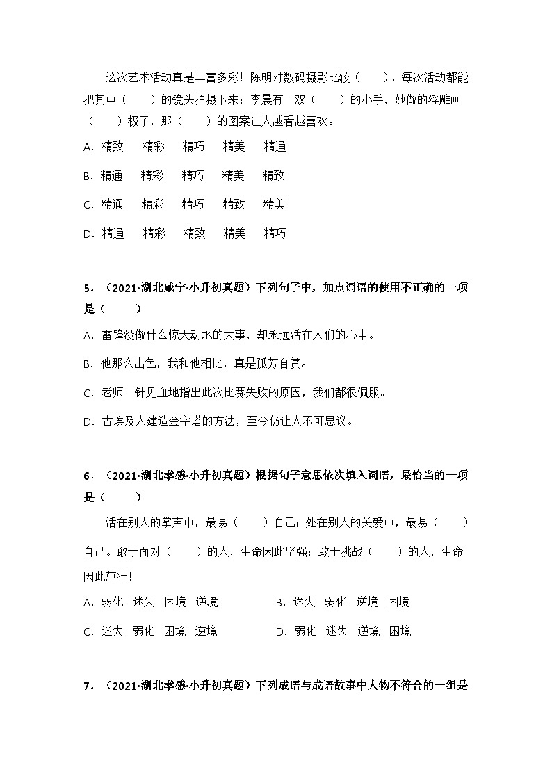 专题03 词语的理解与运用——【湖北地区】2021+2022年小升初语文真题专项汇编（原卷版+解析版）02