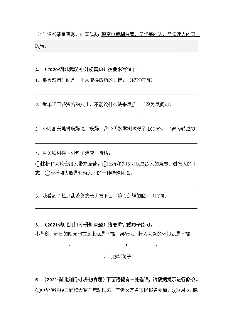 专题06 按要求改写句子——【湖北地区】2021+2022年小升初语文真题专项汇编（原卷版+解析版）03