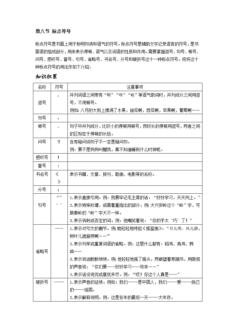 【专项练习】全套六年级专题小升初语文复习第八节 标点符号（知识梳理+含答案）第1页
