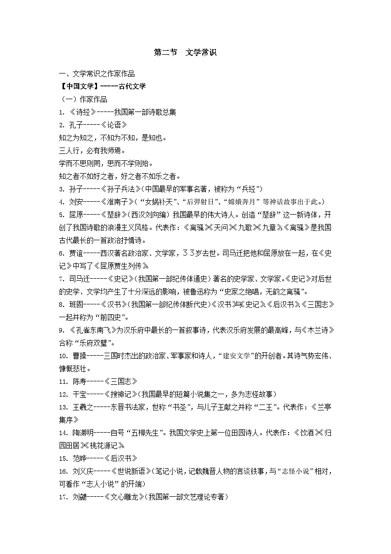 【专项练习】全套六年级专题小升初语文复习第二节  文学常识（知识梳理+含答案）01