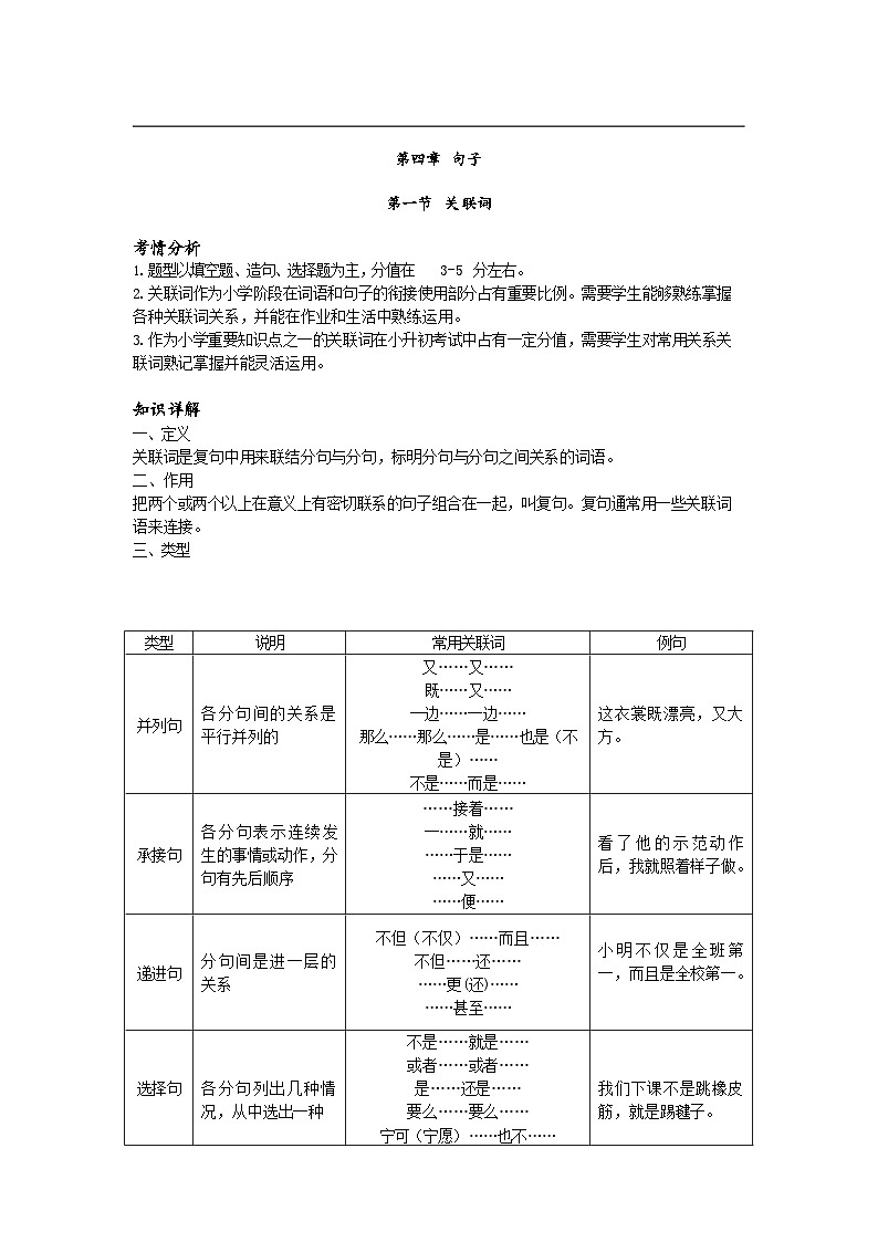 【专项练习】全套专题小升初y语文复习词句第四章句子第一节关联词（知识梳理+含答案）01