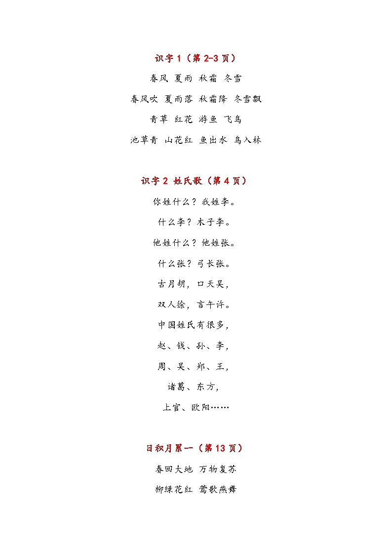 小学语文部编人教版一年级下册必背内容整理（课文、古诗、日积月累）第1页