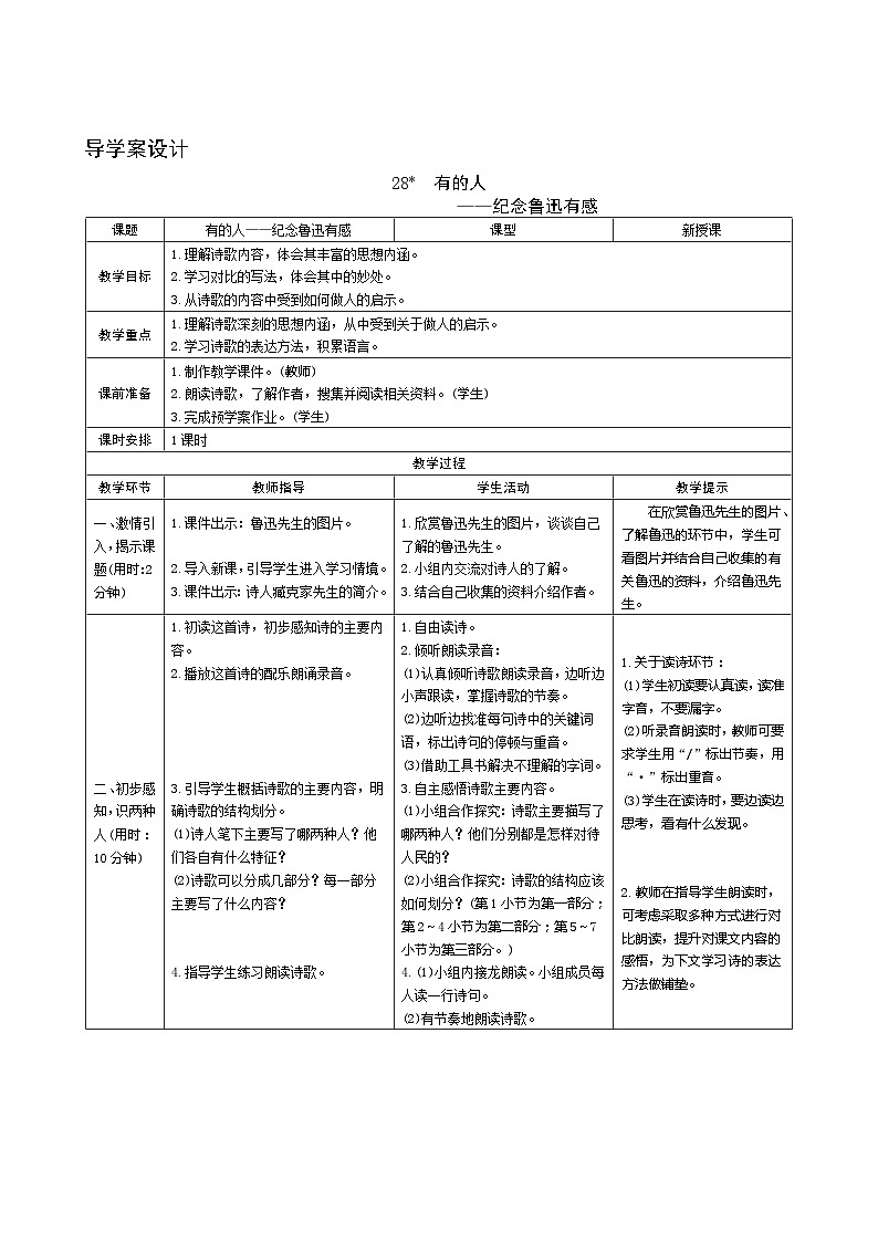 28《有的人——纪念鲁迅有感》 课件+教案+课时测评+导学案设计01