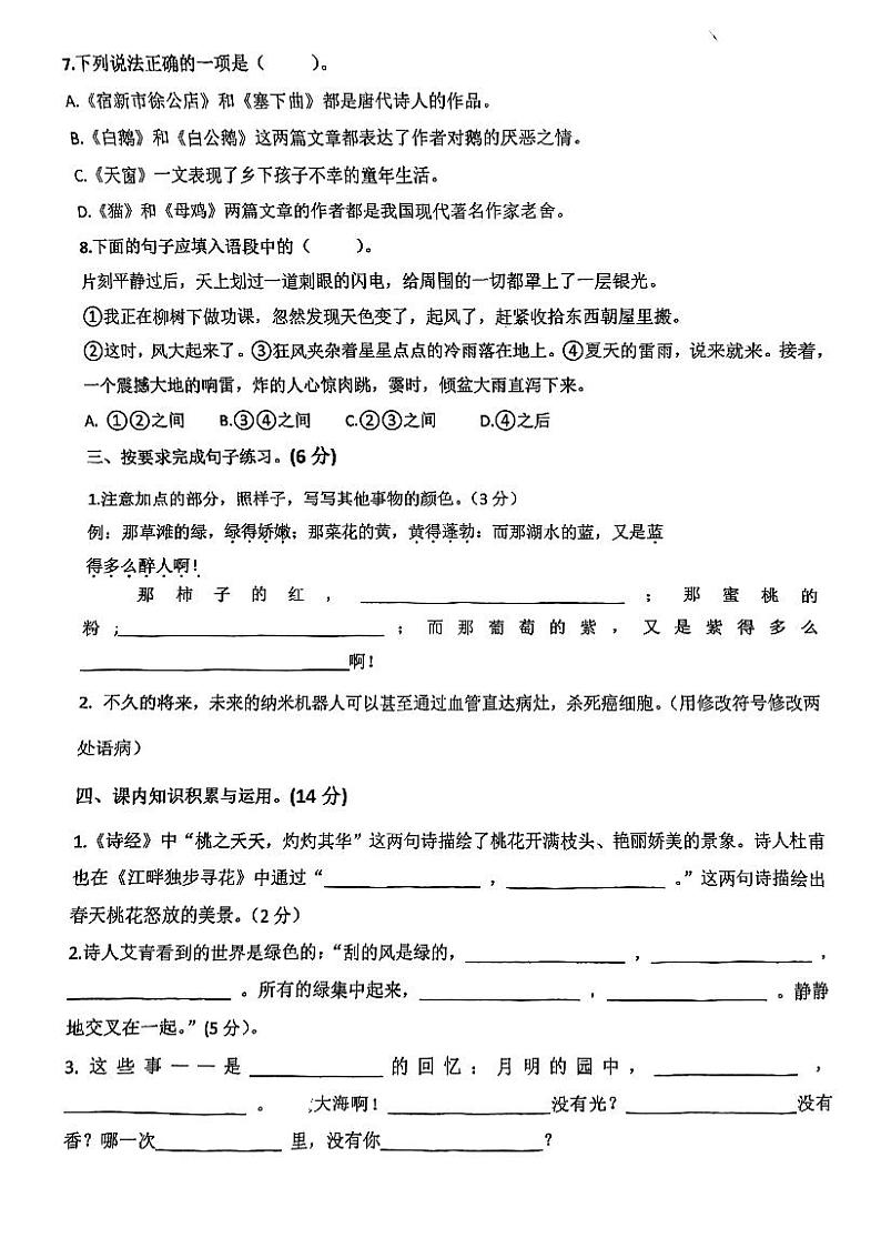 福建省厦门实验小学2022-2023学年四年级下学期期中诊断语文试题第2页