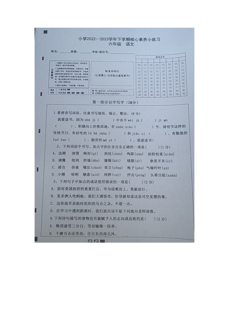 云南省玉溪市红塔区乡镇小学联考2022-2023学年六年级下学期期中语文试题01