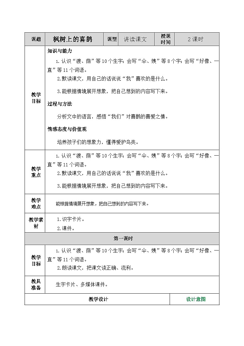 部编版语文二年级下册教案《枫树上的喜鹊》第1页