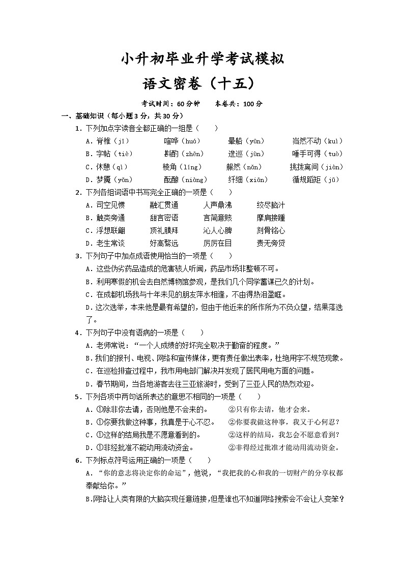 2023年四川省成都市小升初毕业升学考试模拟语文（十五）试卷01