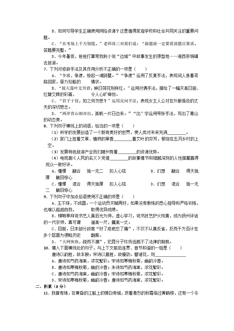 2023年四川省成都市小升初毕业升学考试模拟语文（十一）试卷02