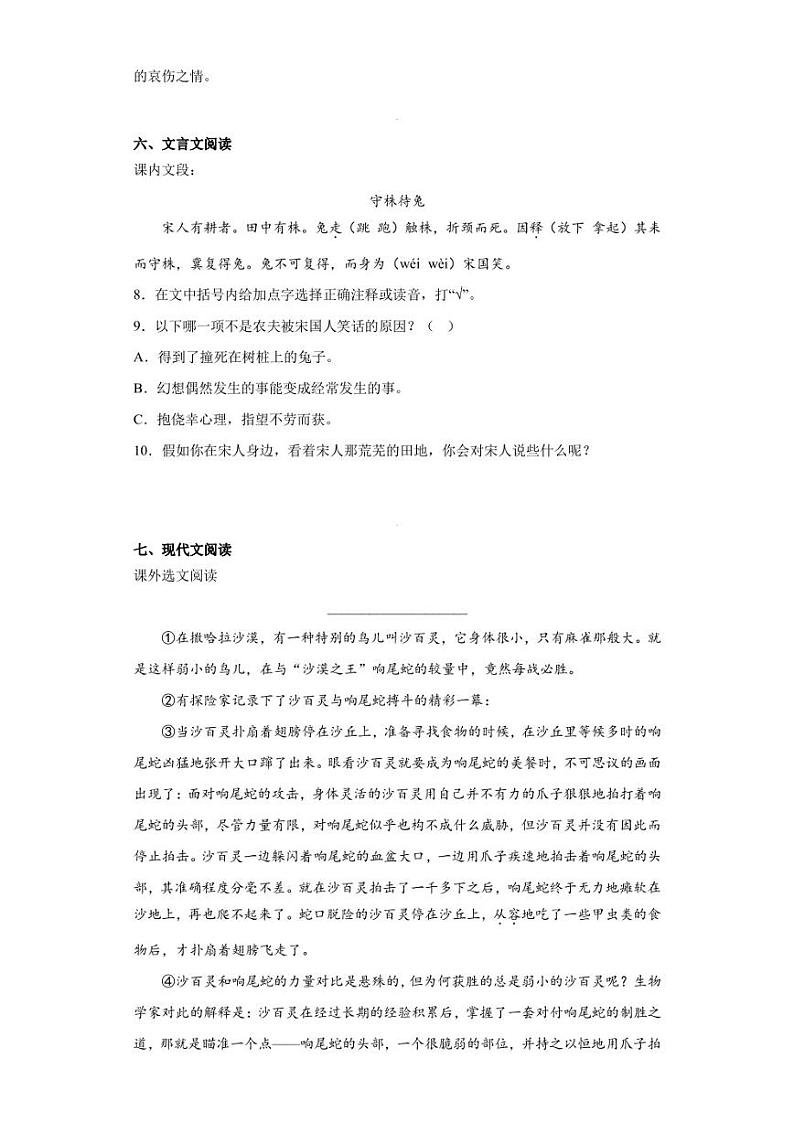 2022-2023学年广东省深圳市明珠中英文小学部编版三年级下册期中考试语文试卷（含答案解析）第3页