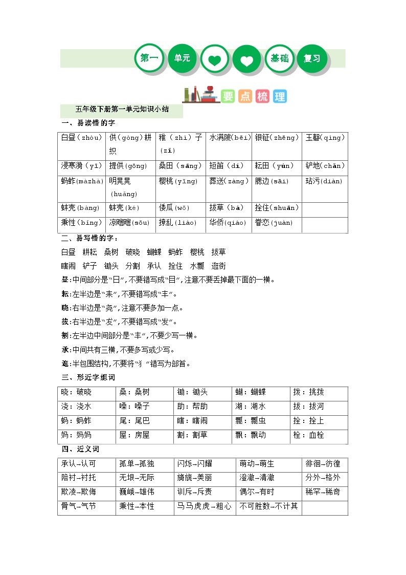 第一单元（讲义+检测）——【期末复习】2022-2023学年五年级语文下册单元复习知识点梳理+练习讲义 （部编版）01