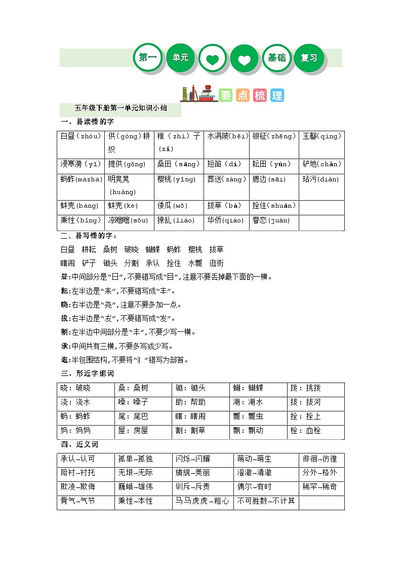 第一单元（讲义+检测）——【期末复习】2022-2023学年五年级语文下册单元复习知识点梳理+练习讲义 （部编版）01