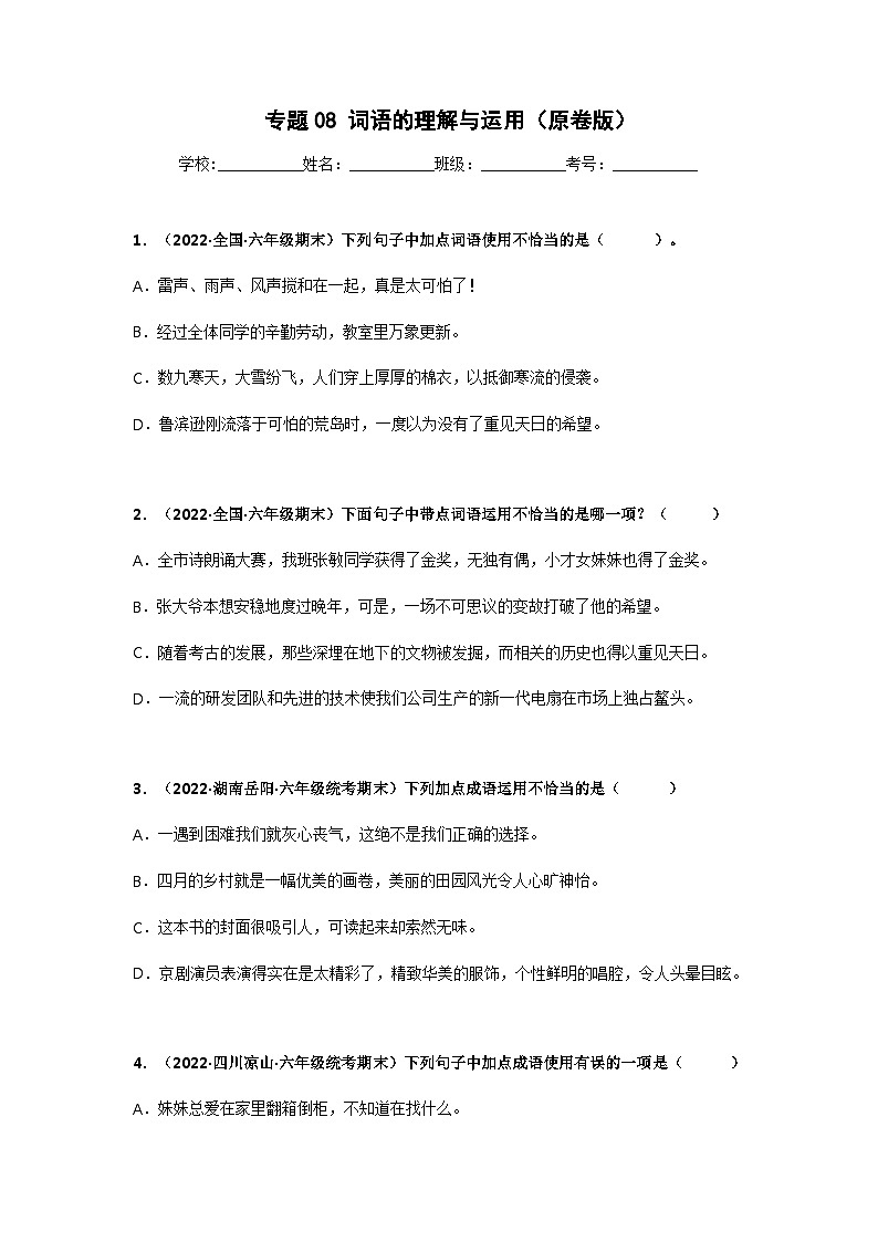 专题08 词语的理解与运用（原卷版）第1页