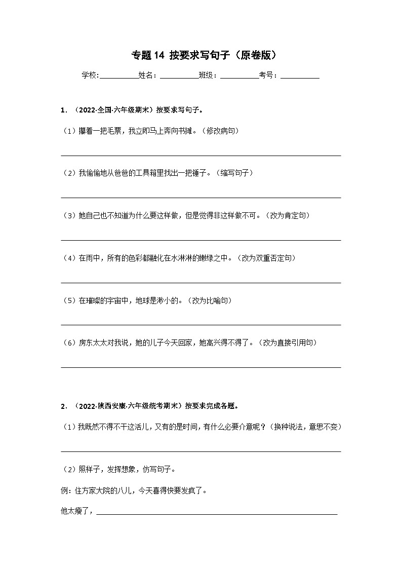 专题14 按要求写句子（原卷版）第1页