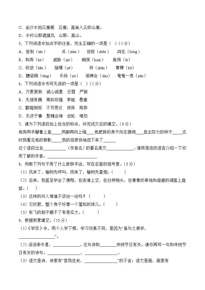小升初语文模拟卷基础卷04（通用版）第2页
