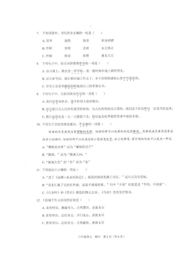 广东省深圳市龙岗区2022-2023学年六年级下学期期中素养形成练习语文试卷02