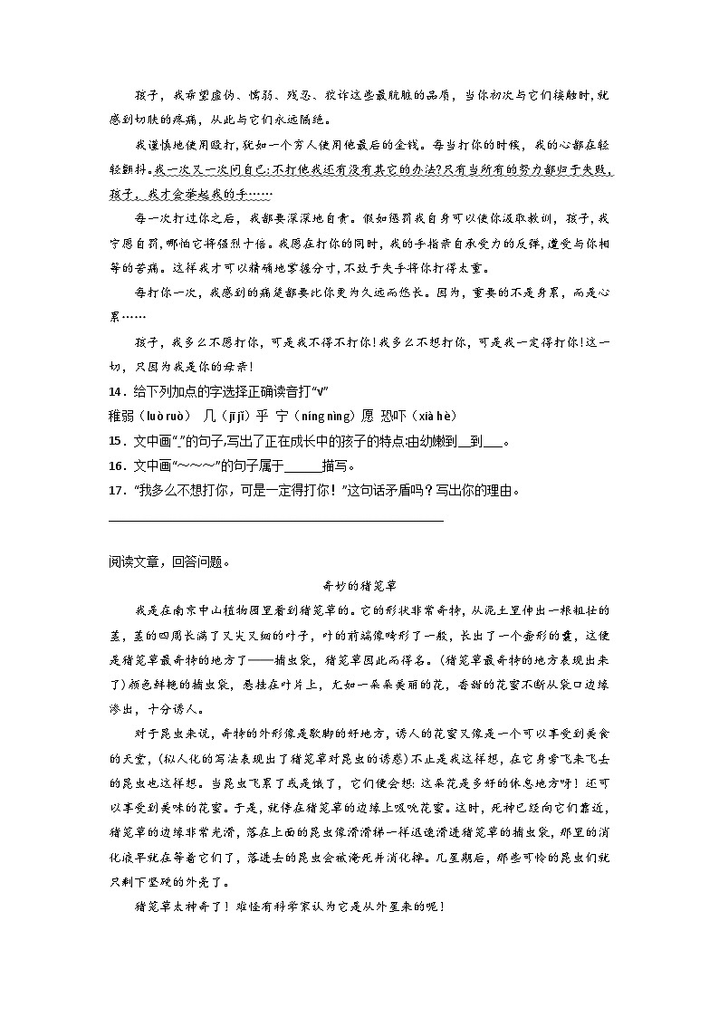期末现代文阅读重难点检测卷（一）-2022-2023学年语文四年级下册（统编版）第3页