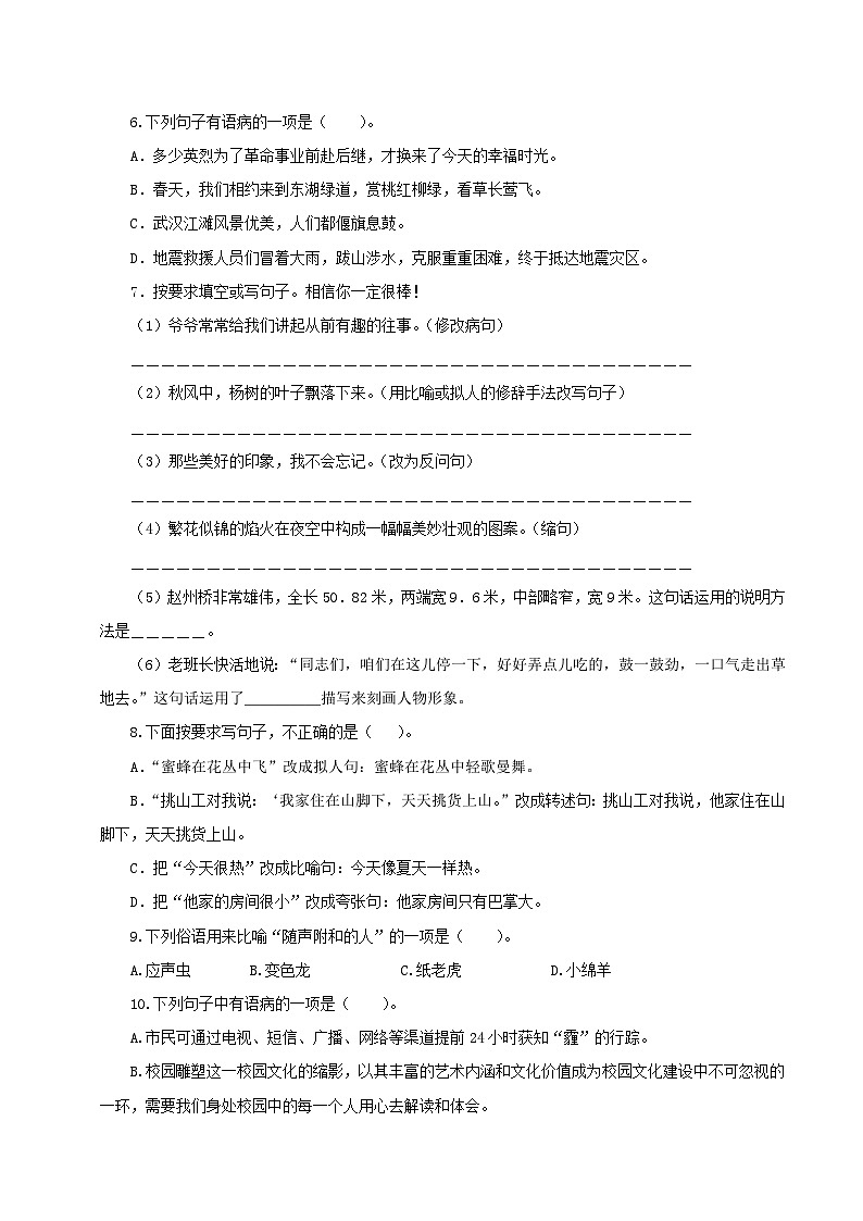 小升初语文专题二 句式变换与仿写、病句辨析与修改（一） （原卷+答案与解释）02