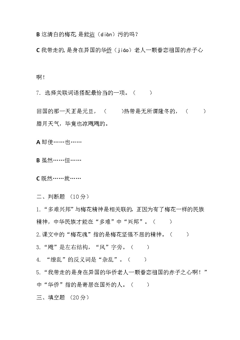 部编版语文五年级下册 4《梅花魂》同步练习（无答案）03