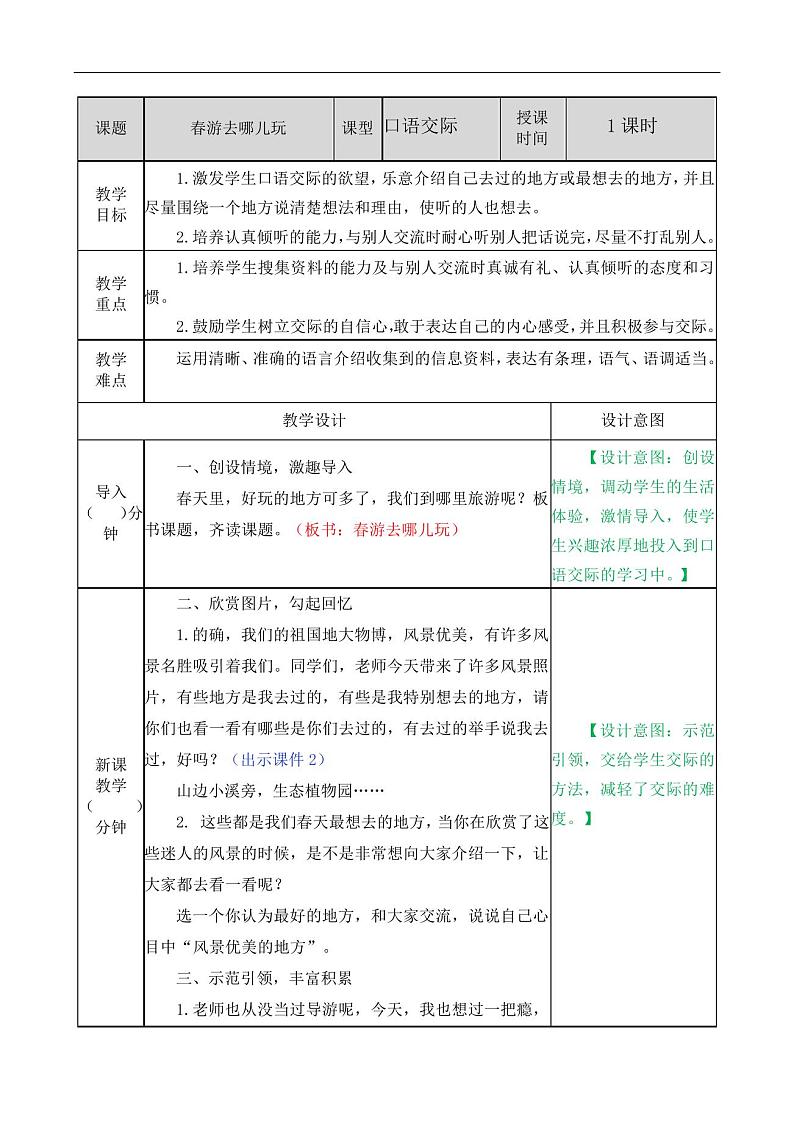 最新部编版三年级下册语文《口语交际：春游去哪儿玩》教案第1页