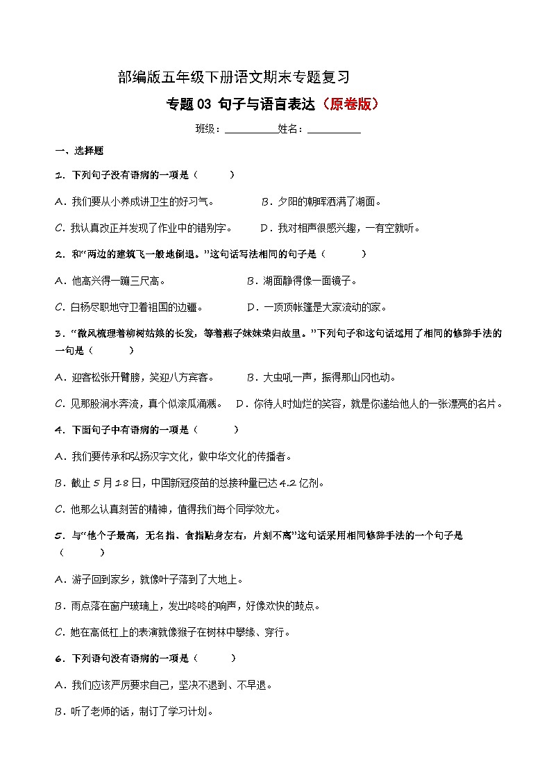 专题03 句子与语言表达（原卷+答案解释）五年级下册语文期末专题复习第1页