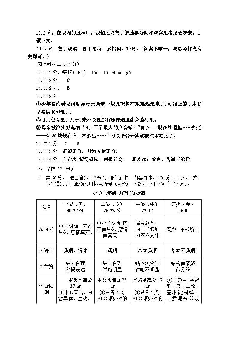 德宏州2022春六年级语文参考答案第2页
