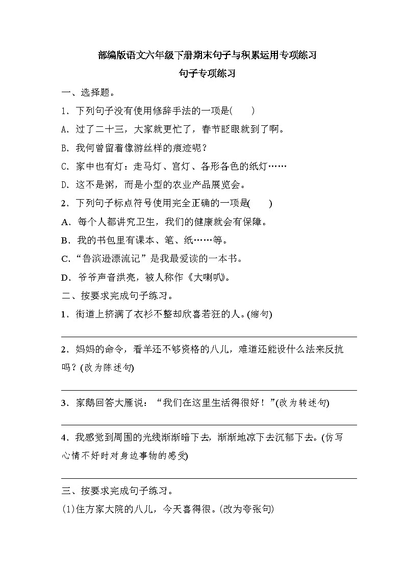 期末句子与积累运用专项练习（试题）部编版语文六年级下册第1页