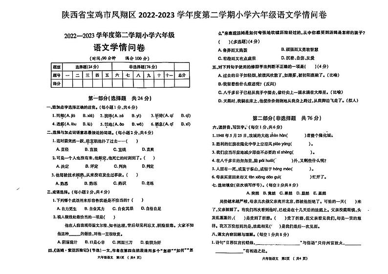 陕西省宝鸡市凤翔区2022-2023学年六年级下学期期中学情问卷语文试卷01