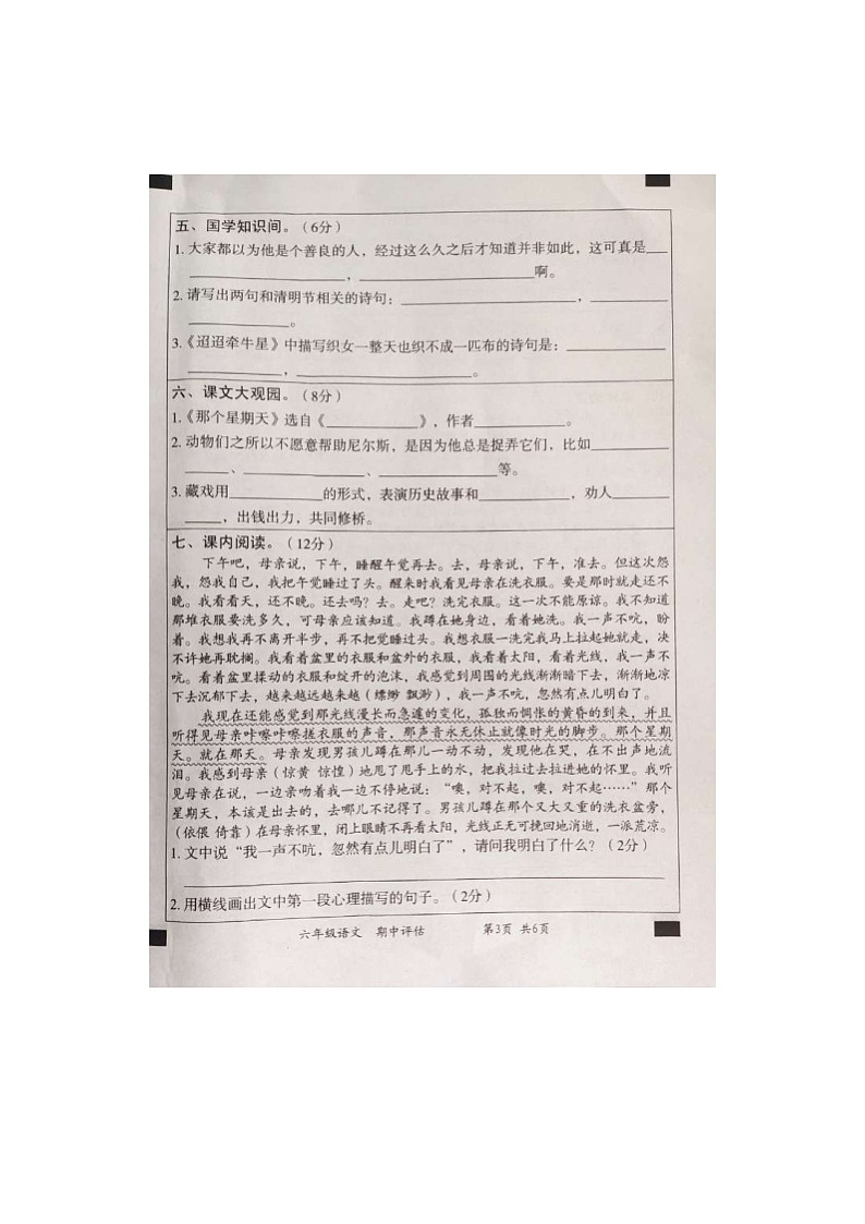 山东省济宁市鱼台县2022-2023年下学期六年级语文期中试题-部编版第3页