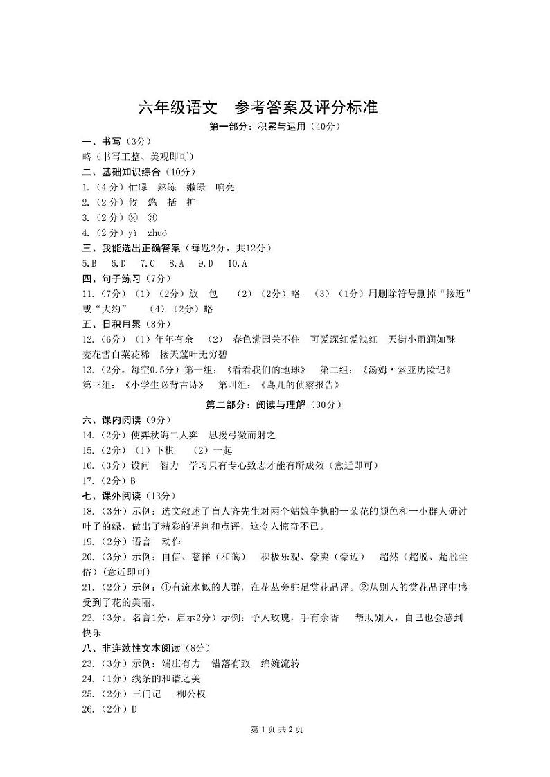贵州省玉屏侗族自治县2022-2023学年六年级下学期过程性质量监测（月考）语文试卷01