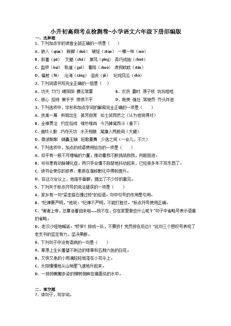 小升初高频考点检测卷-2022-2023学年语文六年级下册（统编版）第1页