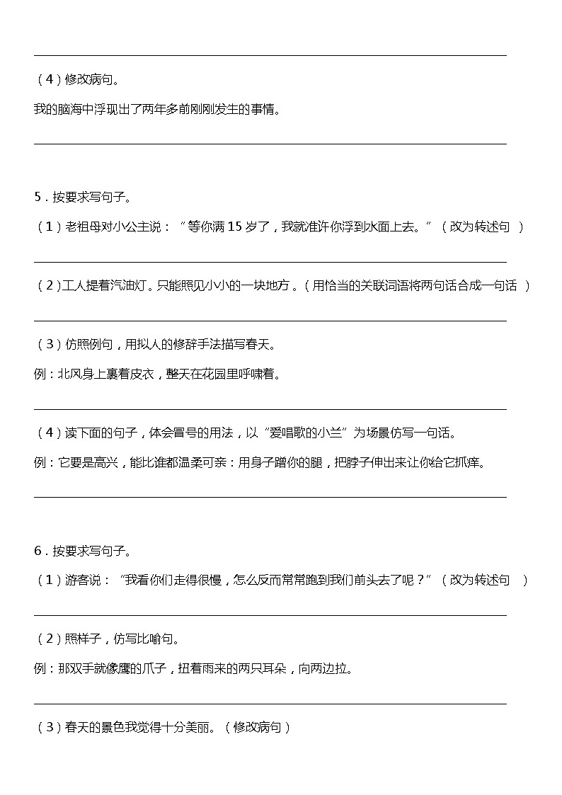 统编版小学语文四年级下册期末复习专项训练题13——句子训练（二）03