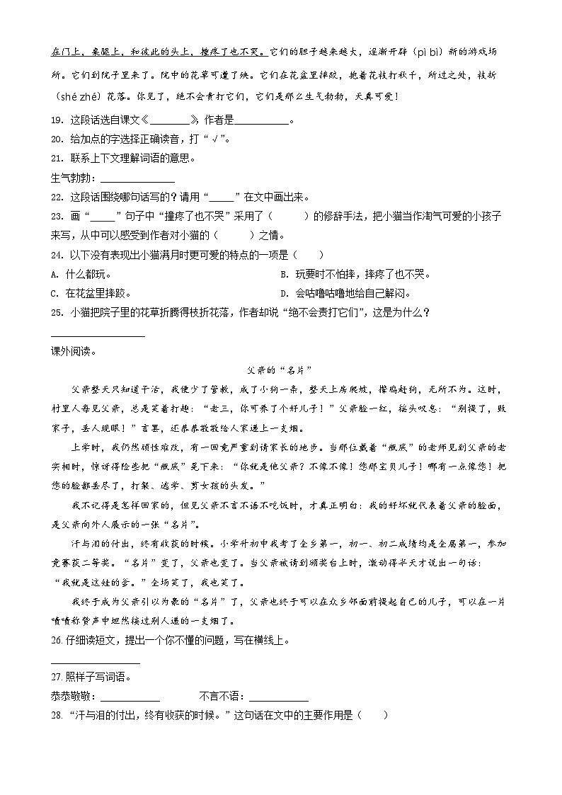 2020北京朝阳四年级（下）期末语文（含答案）第3页