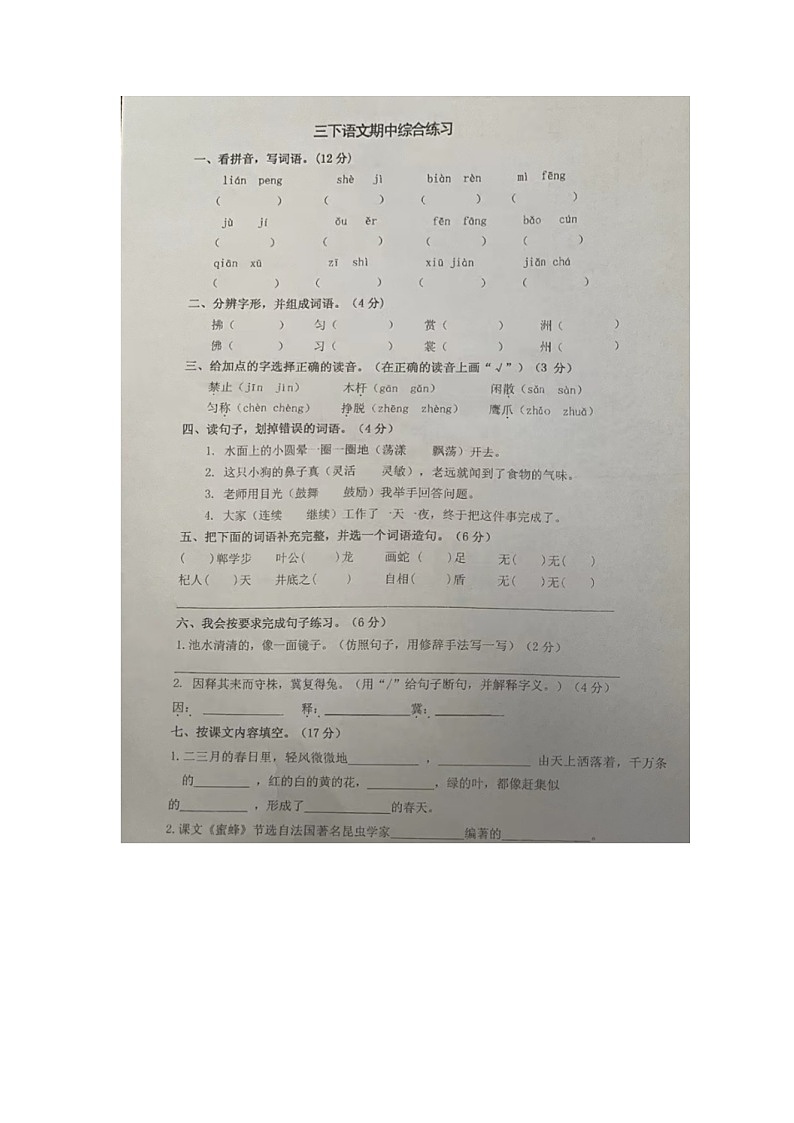 安徽省淮南市淮师附小山南第十小学2022-2023学年三年级下学期期中语文试卷01