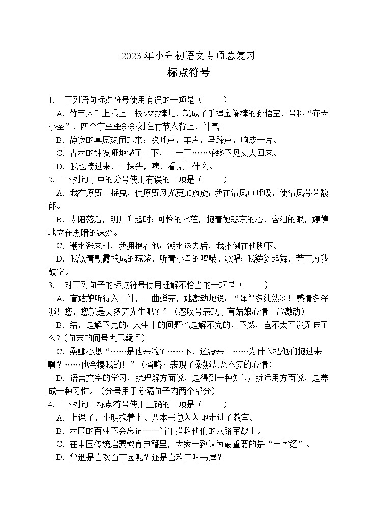 小升初专项总复习-标点符号B卷-2022-2023学年语文六年级下册（统编版）第1页