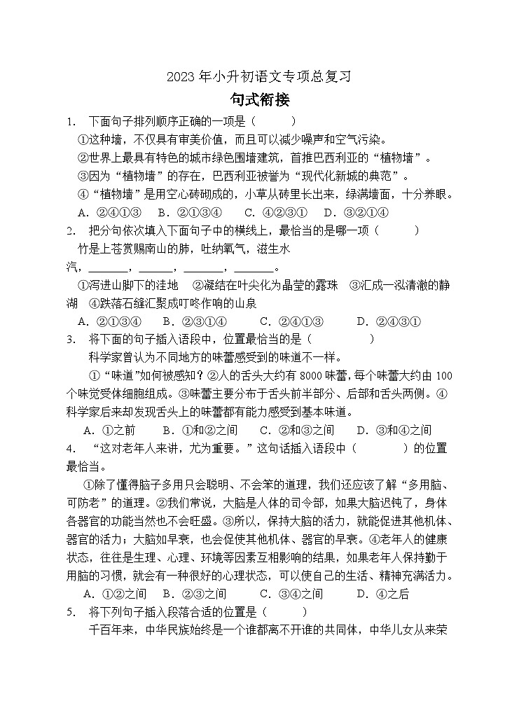 小升初专项总复习-句式衔接B卷-2022-2023学年语文六年级下册（统编版）第1页