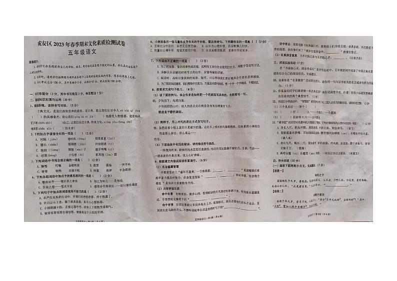 湖北省咸宁市咸安区2022-2023学年五年级下学期期末语文试卷第1页