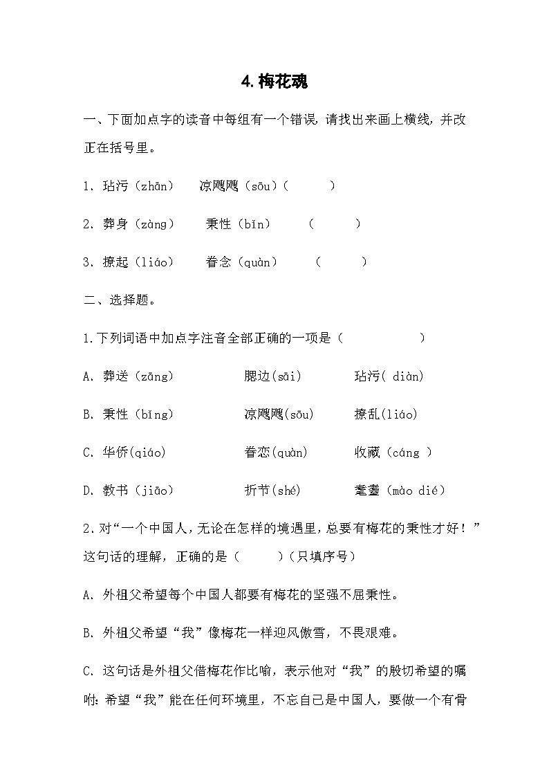 部编版语文五年级下册 4《梅花魂》同步练习（无答案）01