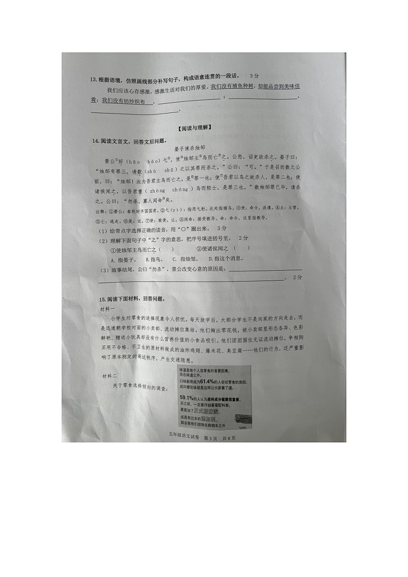 浙江省宁波市奉化区2022-2023学年五年级下学期期末检测语文试题03