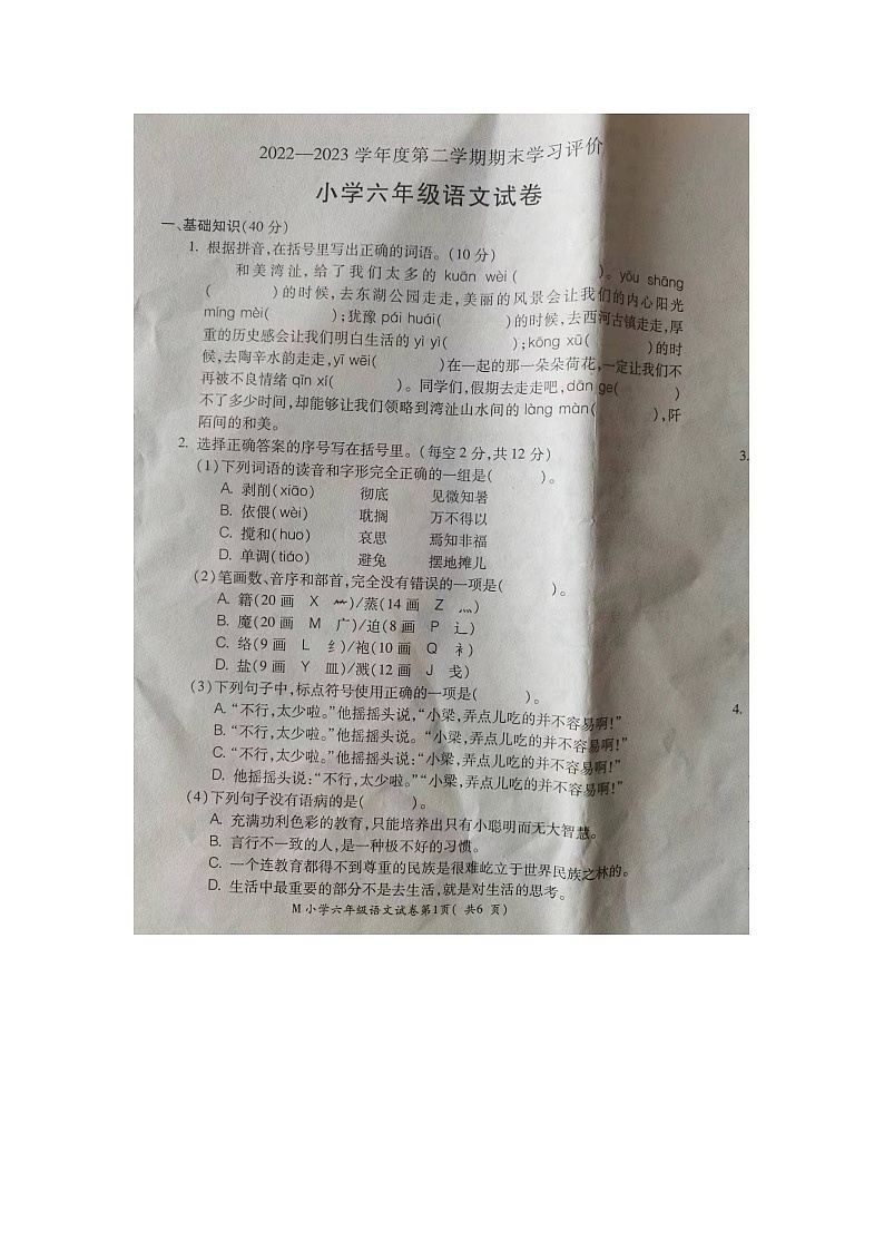 安徽省芜湖市湾沚区2022-2023学年六年级下学期期末考试语文试卷第1页