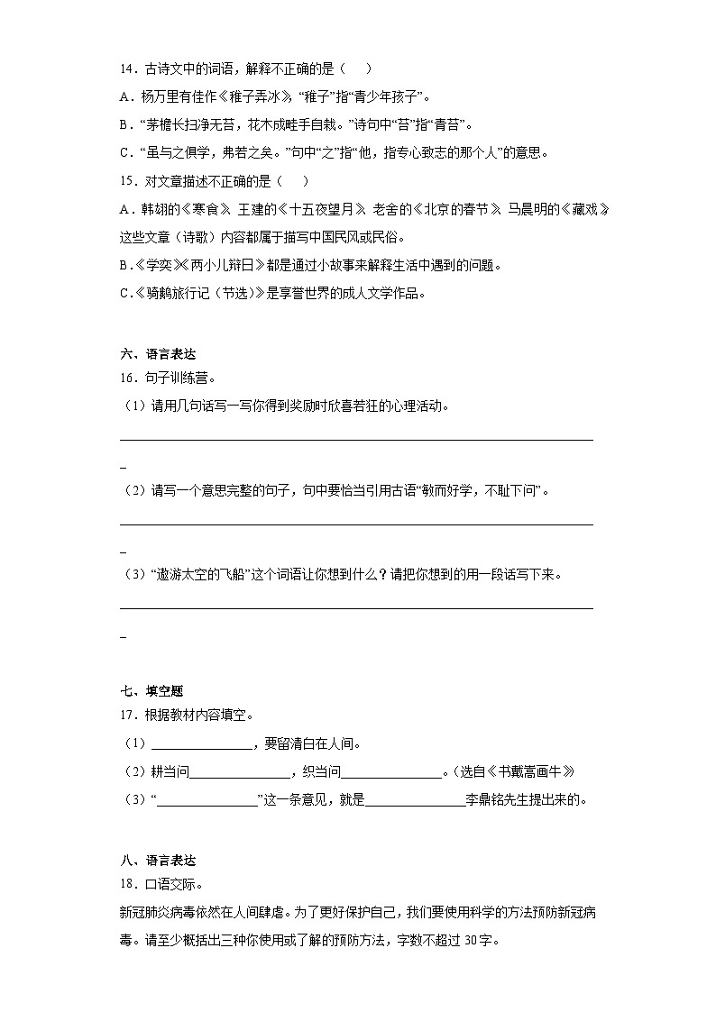 广东省湛江市麻章区2021年部编版小升初考试语文试卷（含解析）03