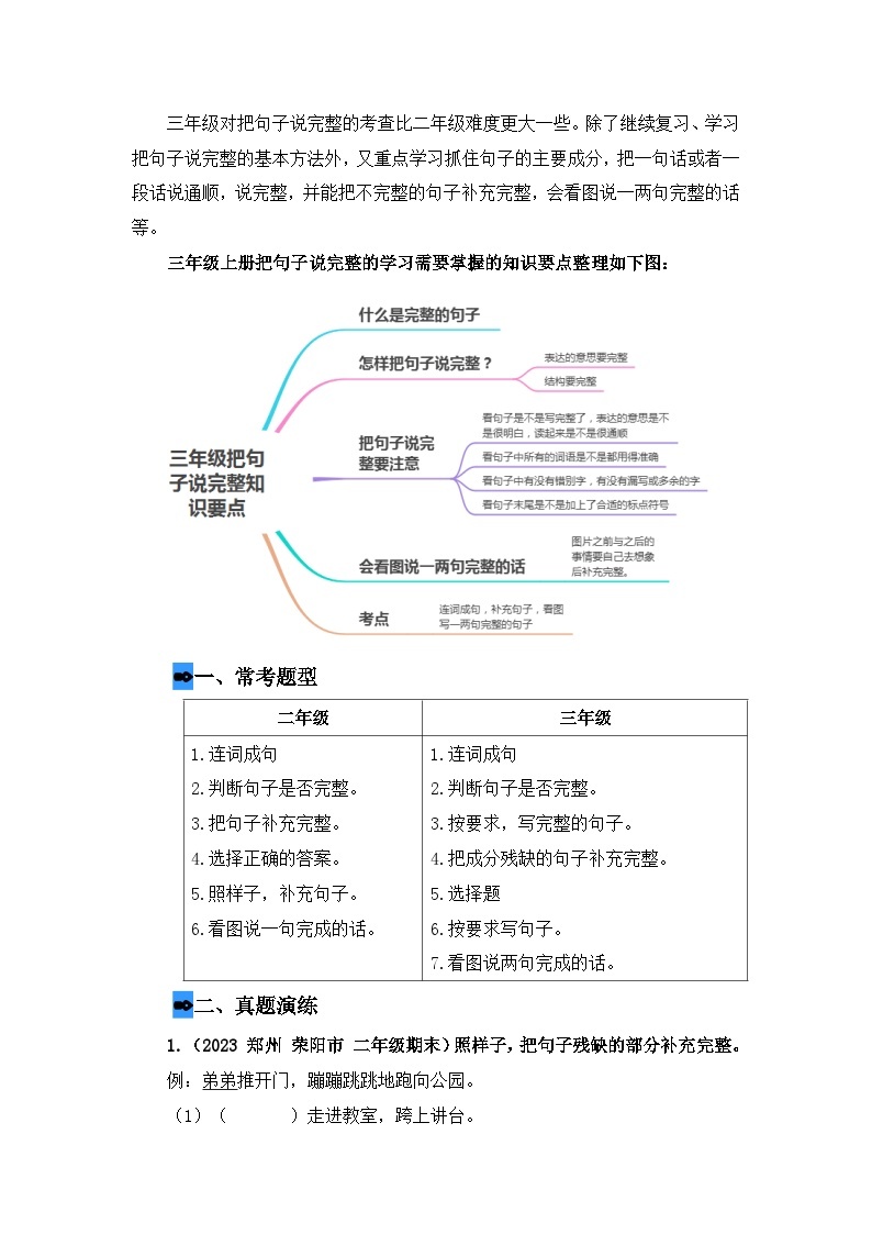 专题03 把句子说完整（讲义+试题） -2023年二升三语文暑假衔接课（部编版）03