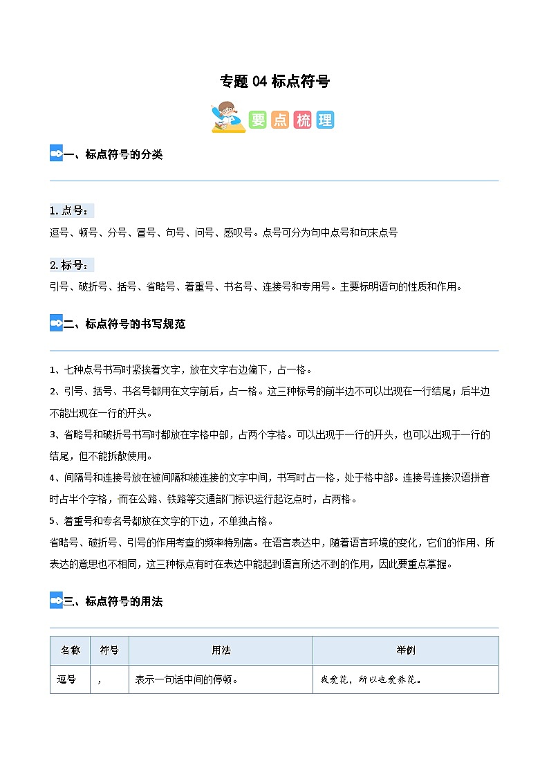【暑假衔接】部编版语文五年级（五升六）知识点专题04 标点符号（讲义+试题）（含答案）01