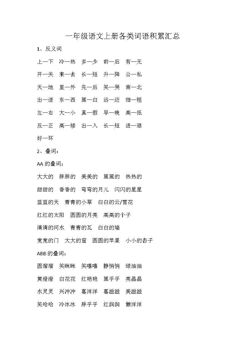 部编版一年级语文上册 各类词语积累汇总第1页