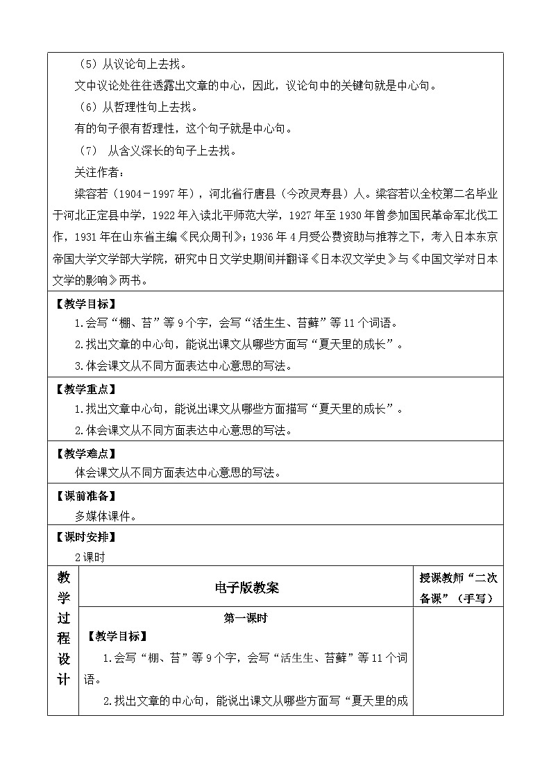 人教语文6年级上册 第5单元16 夏天里的成长 课件+教案+习题02