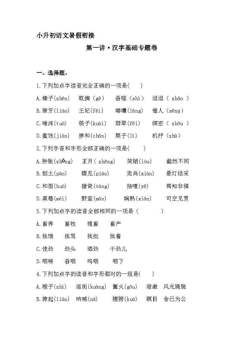 小升初暑假衔接  第一讲 汉字基础专题卷-2023-2024学年语文（统编版）01