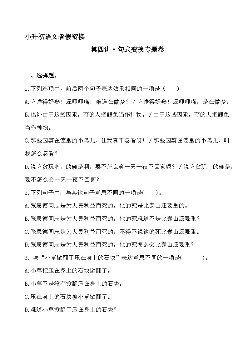 小升初暑假衔接  第四讲 句式变换 专题卷-2023-2024学年语文（统编版）01